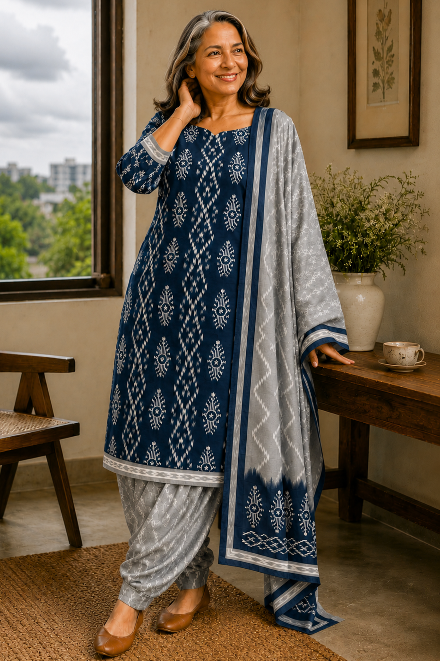 Indigo Sliver Ikat Cotton Salwar Suit