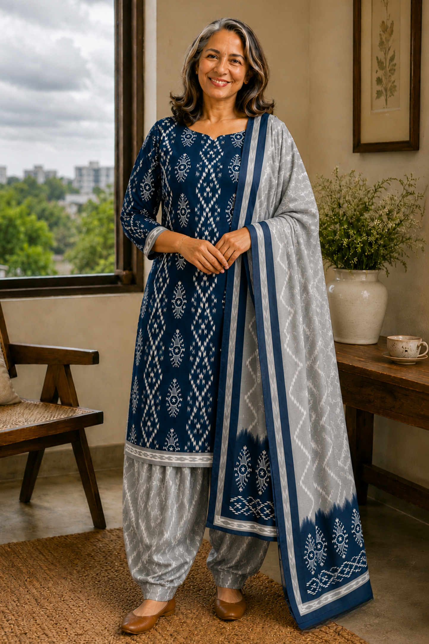 Indigo Sliver Ikat Cotton Salwar Suit