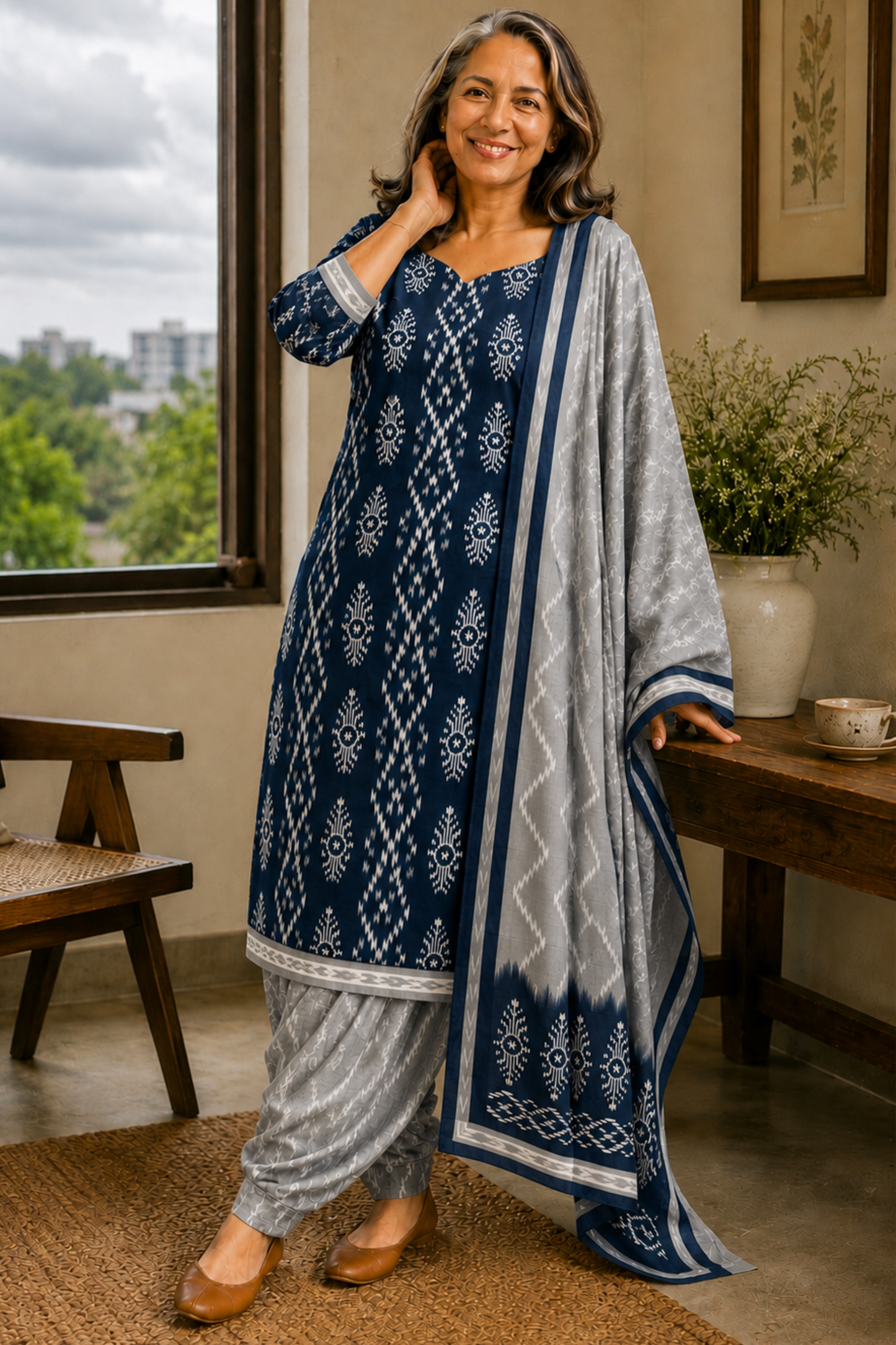 Indigo Sliver Ikat Cotton Salwar Suit