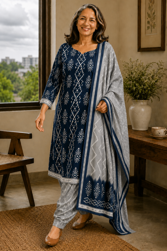 Indigo Sliver Ikat Cotton Salwar Suit