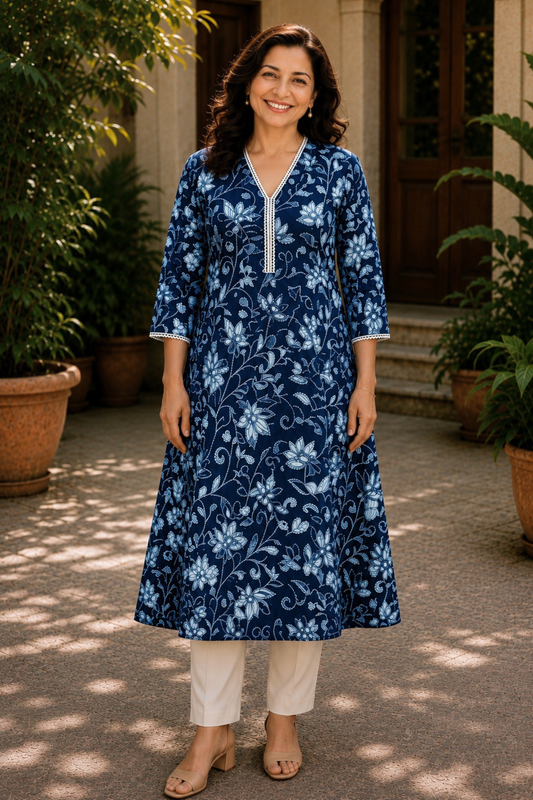 Tarini Indigo A-line Cotton Kali Kurta