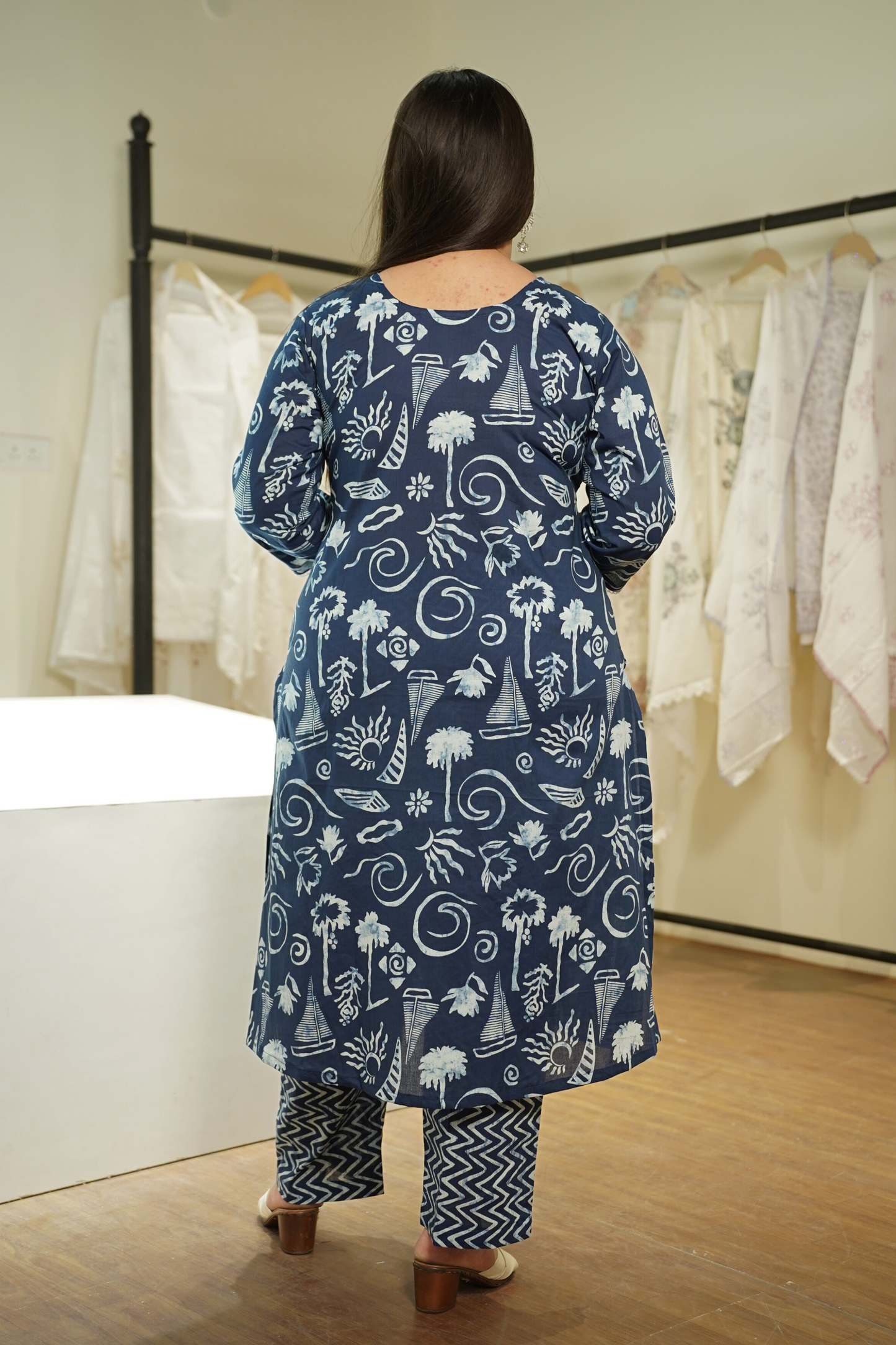 Indigo Kalamkari A-line Cotton Suit Set