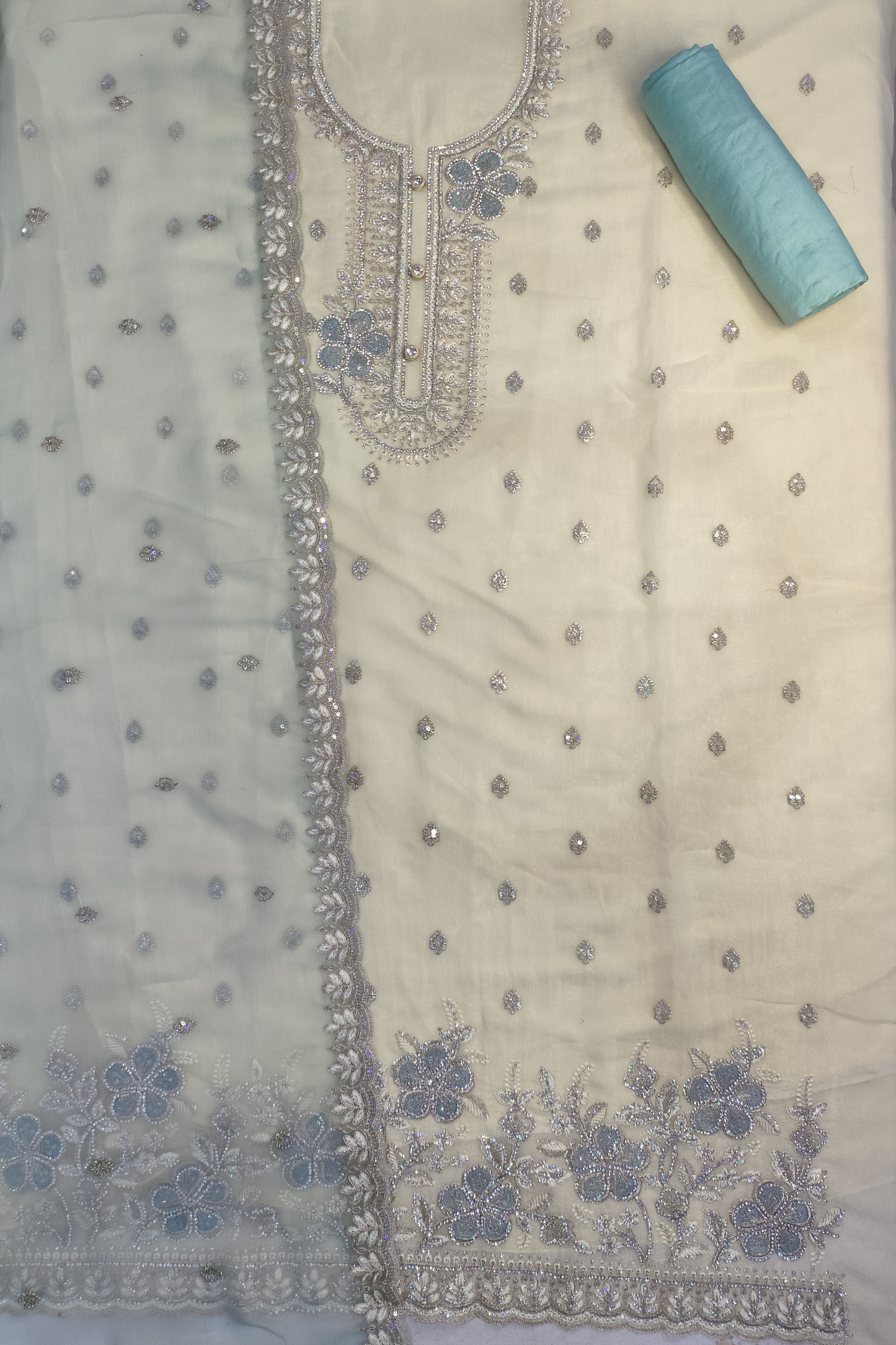 Ivory Blue Crushed Shimmer Suit with Handwork