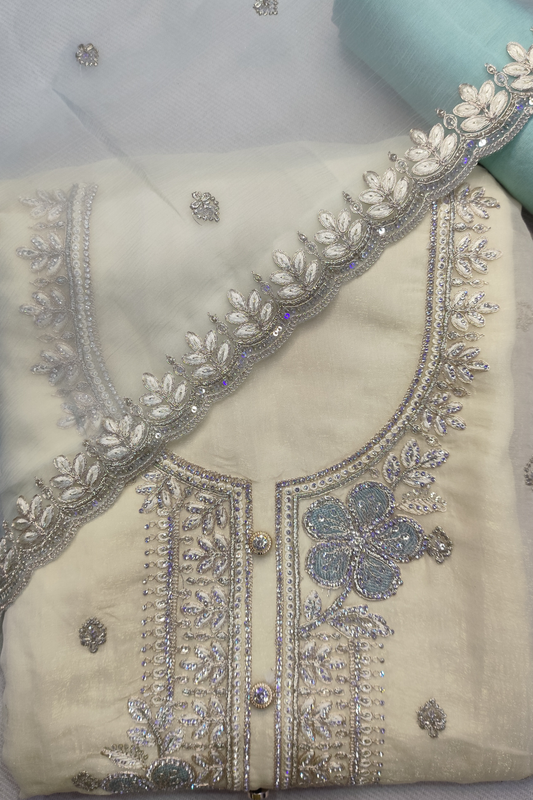 Ivory Blue Crushed Shimmer Suit with Handwork