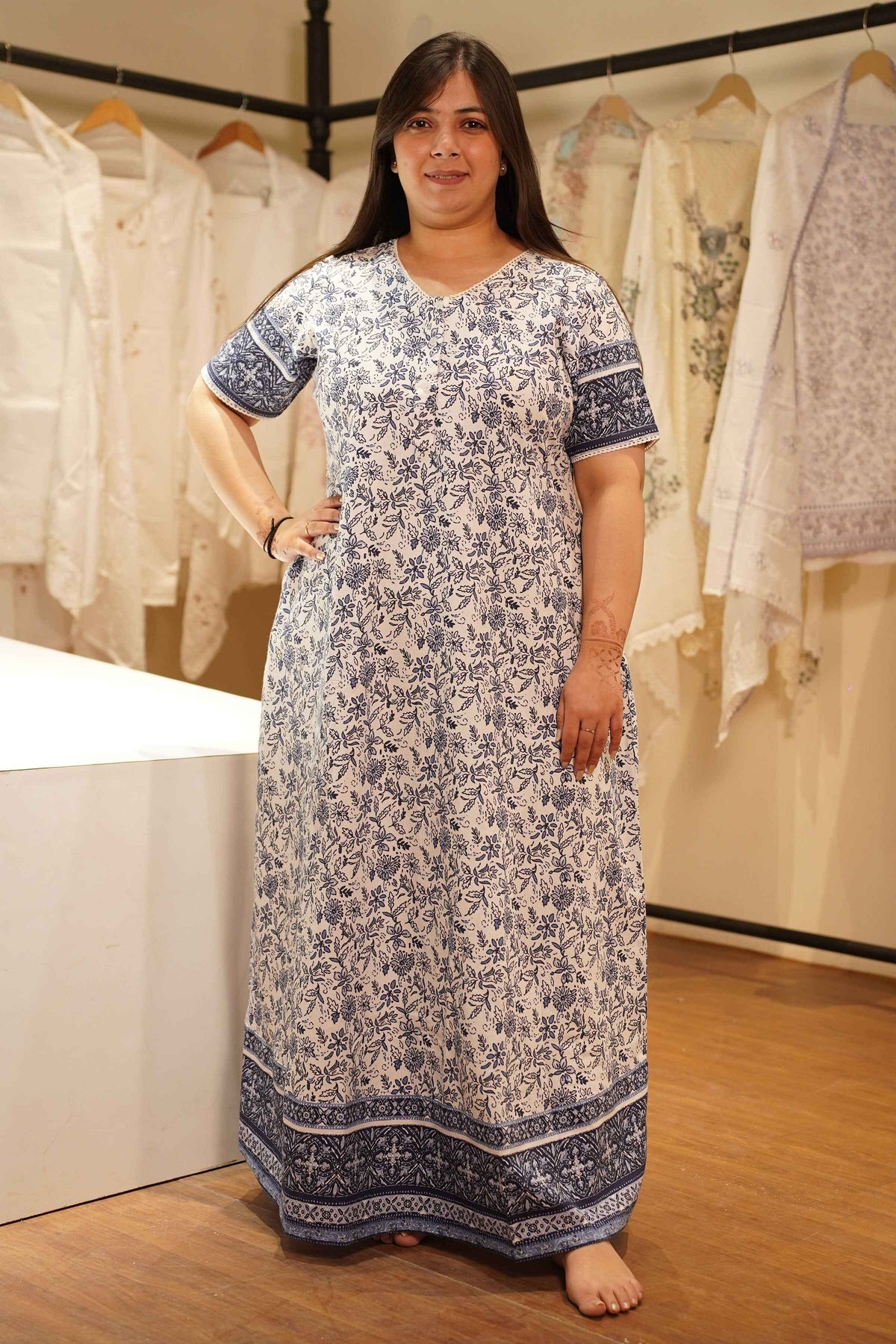 Ivory Bordered Rayon Night Gown