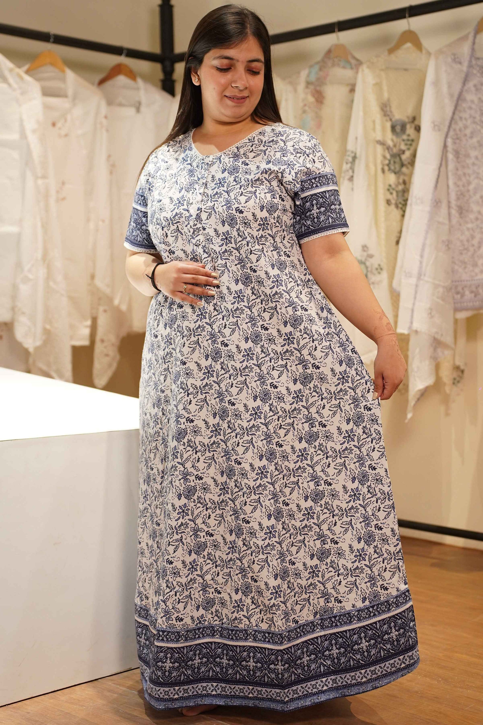 Ivory Bordered Rayon Night Gown