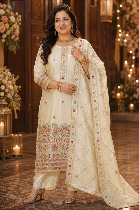 Vahini Ivory Tissue Shimmer Suit with Zari Embroidery (Copy)