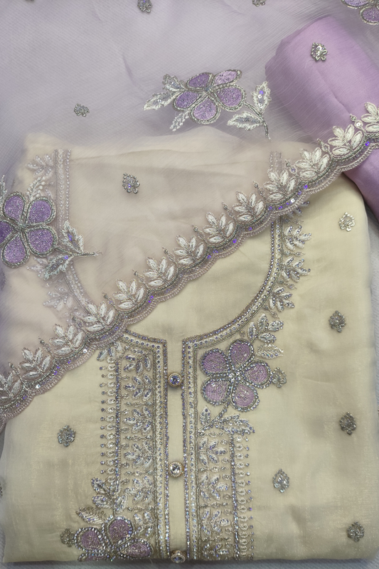 Ivory Mauve Crushed Shimmer Suit with Handwork