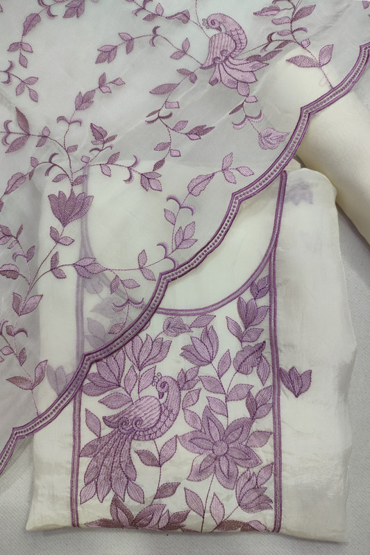 Ivory Mauve Embroidered Organza Suit