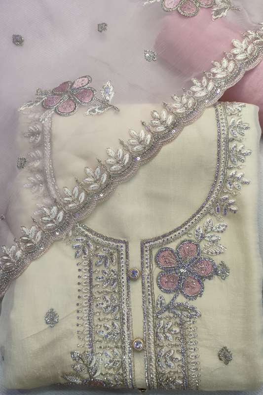 Ivory Pink Crushed Shimmer Suit with Handwork