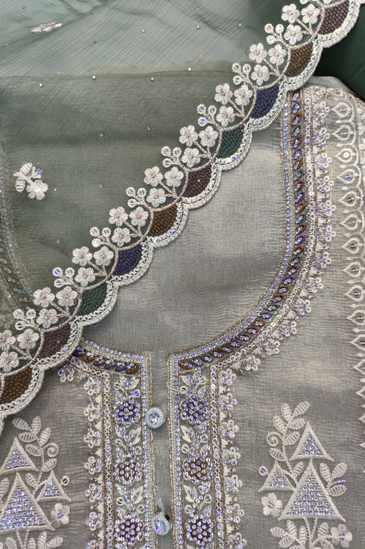 Emerald Gleam Shimmer Suit with Stone Work