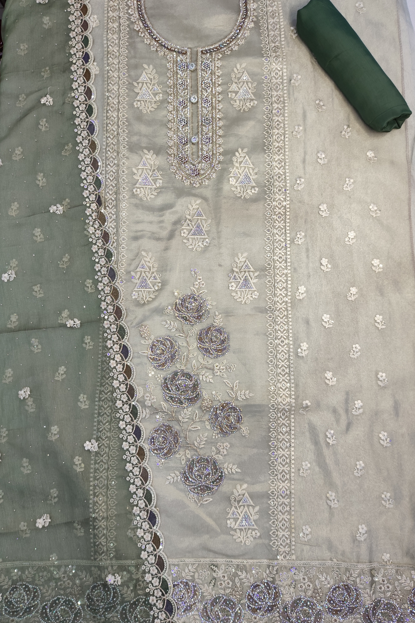 Emerald Gleam Shimmer Suit with Stone Work