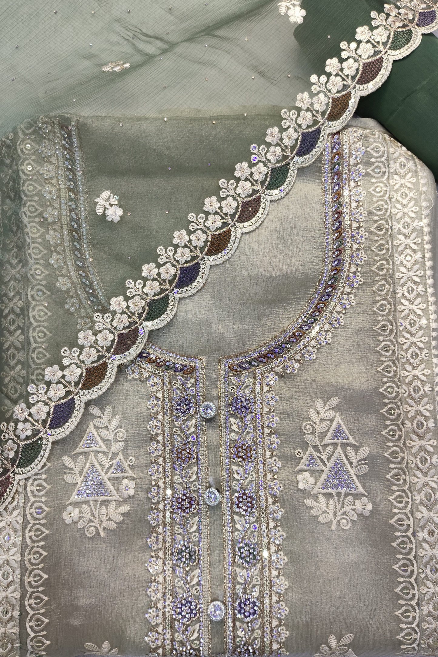 Emerald Gleam Shimmer Suit with Stone Work
