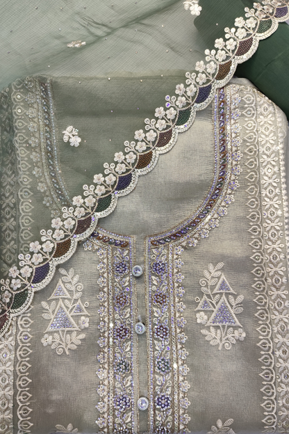 Emerald Gleam Shimmer Suit with Stone Work