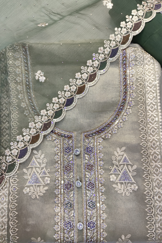 Emerald Gleam Shimmer Suit with Stone Work