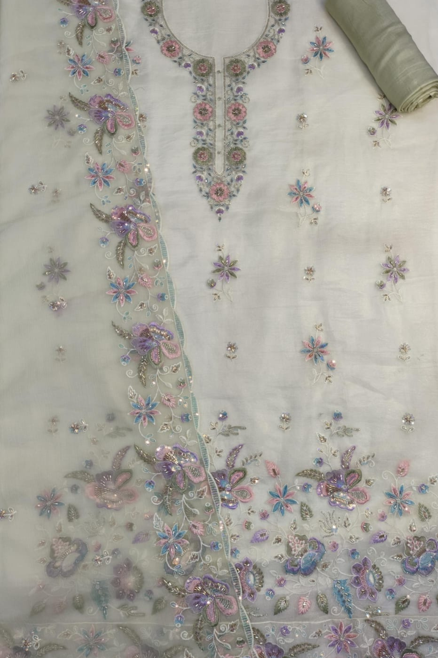 Ivory Pista Tissue Shimmer Suit with Handwork