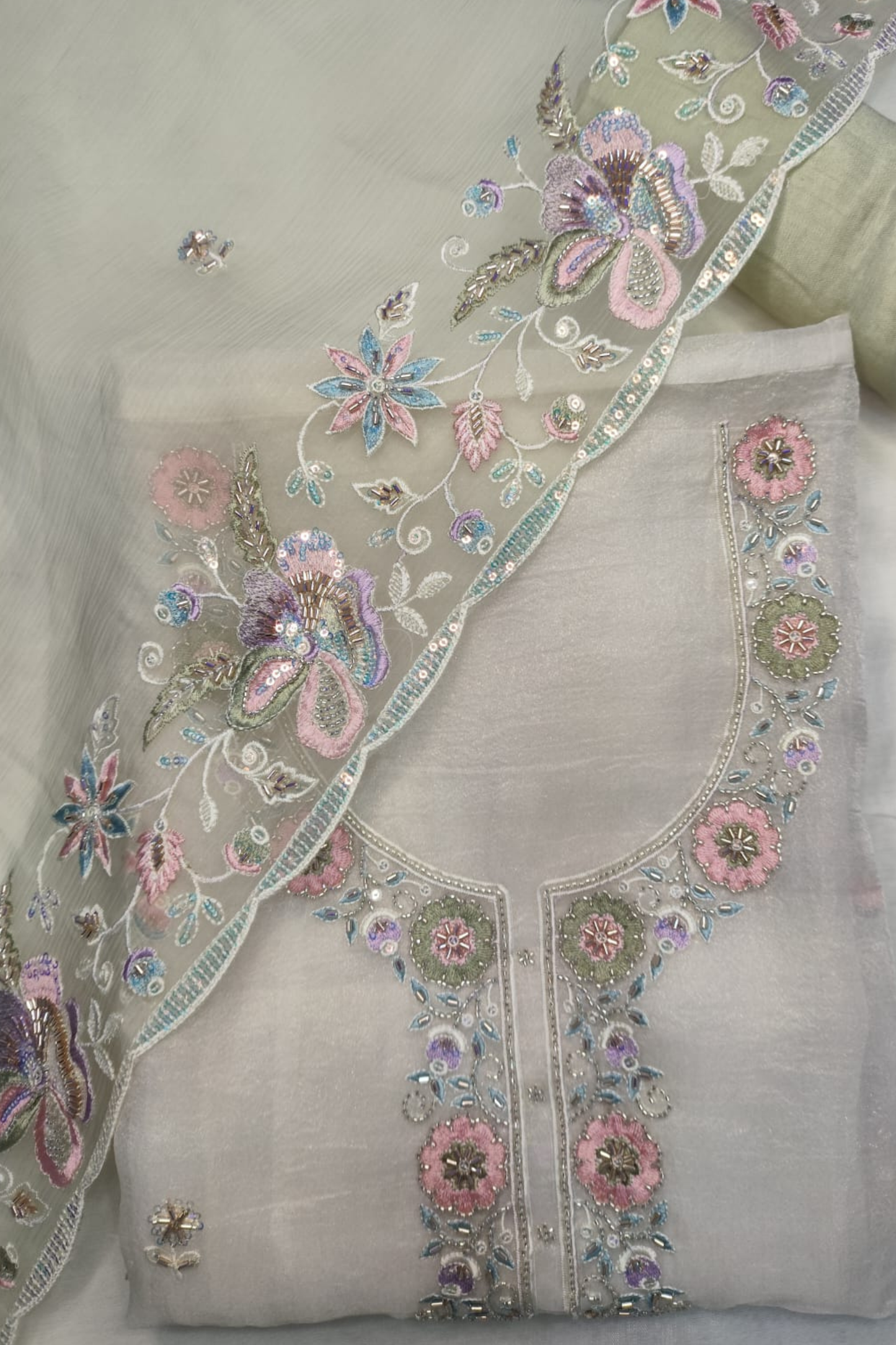 Ivory Pista Tissue Shimmer Suit with Handwork