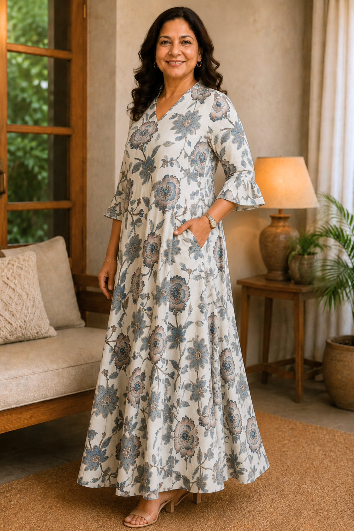 Ivory Botanica Rayon Dress With Pockets