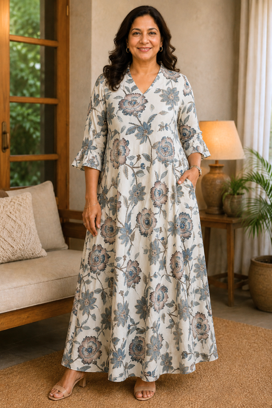 Ivory Botanica Rayon Dress With Pockets