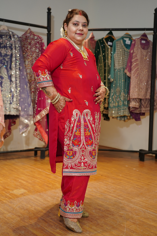 Kanika Red Suit Set With Zari & Thread Embroidery