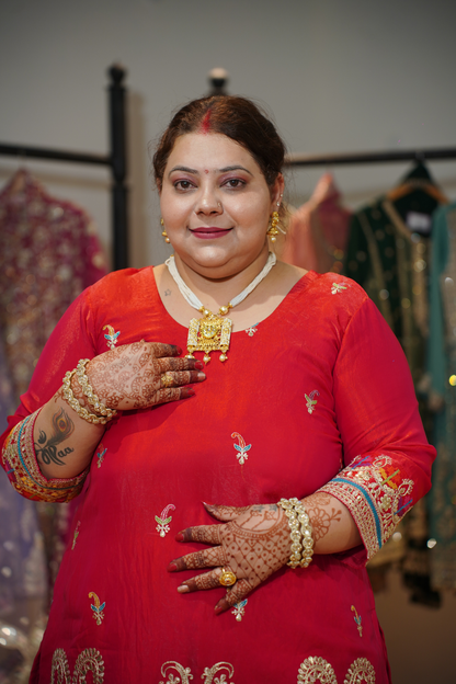 Kanika Red Suit Set With Zari & Thread Embroidery