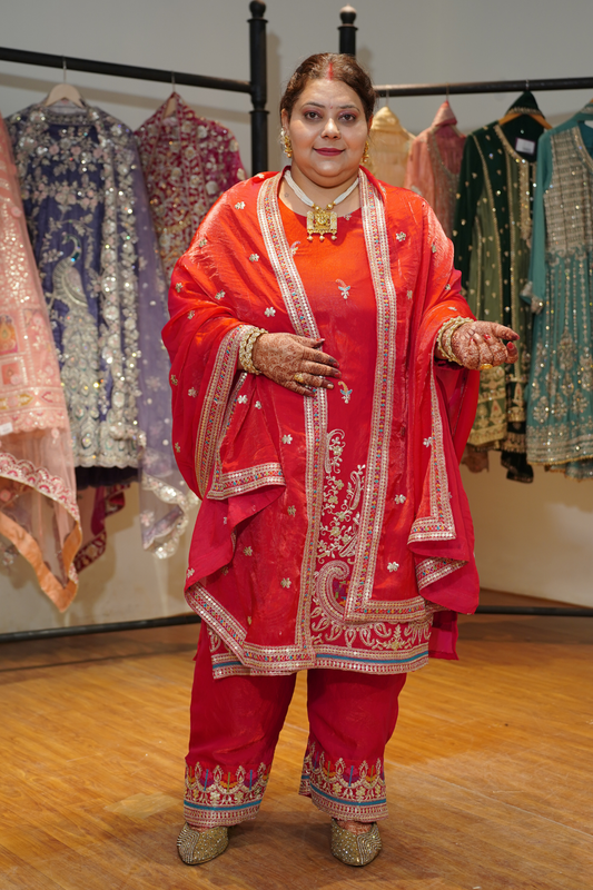 Kanika Red Suit Set With Zari & Thread Embroidery