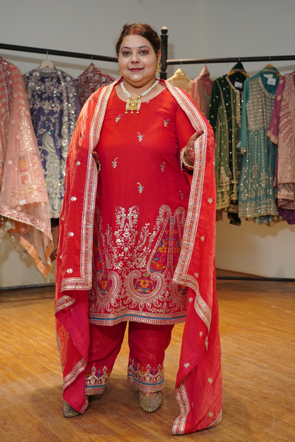 Kanika Red Suit Set With Zari & Thread Embroidery