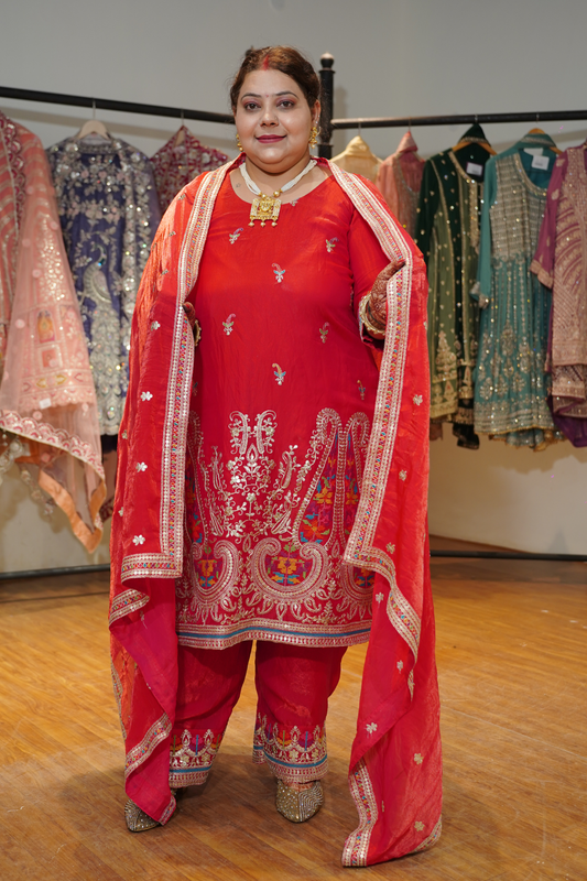 Kanika Red Suit Set With Zari & Thread Embroidery