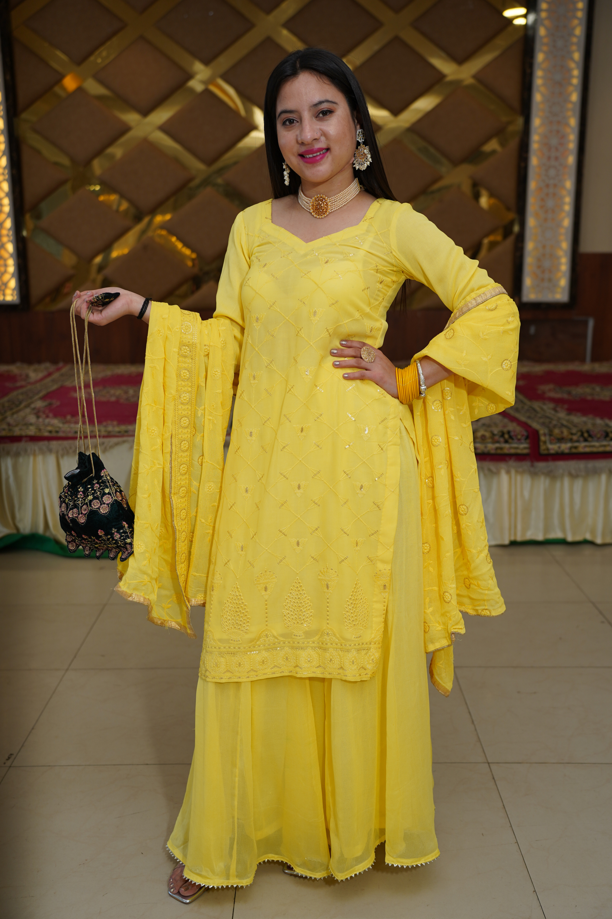 Lemon Sparkle Georgette Skirt Suit