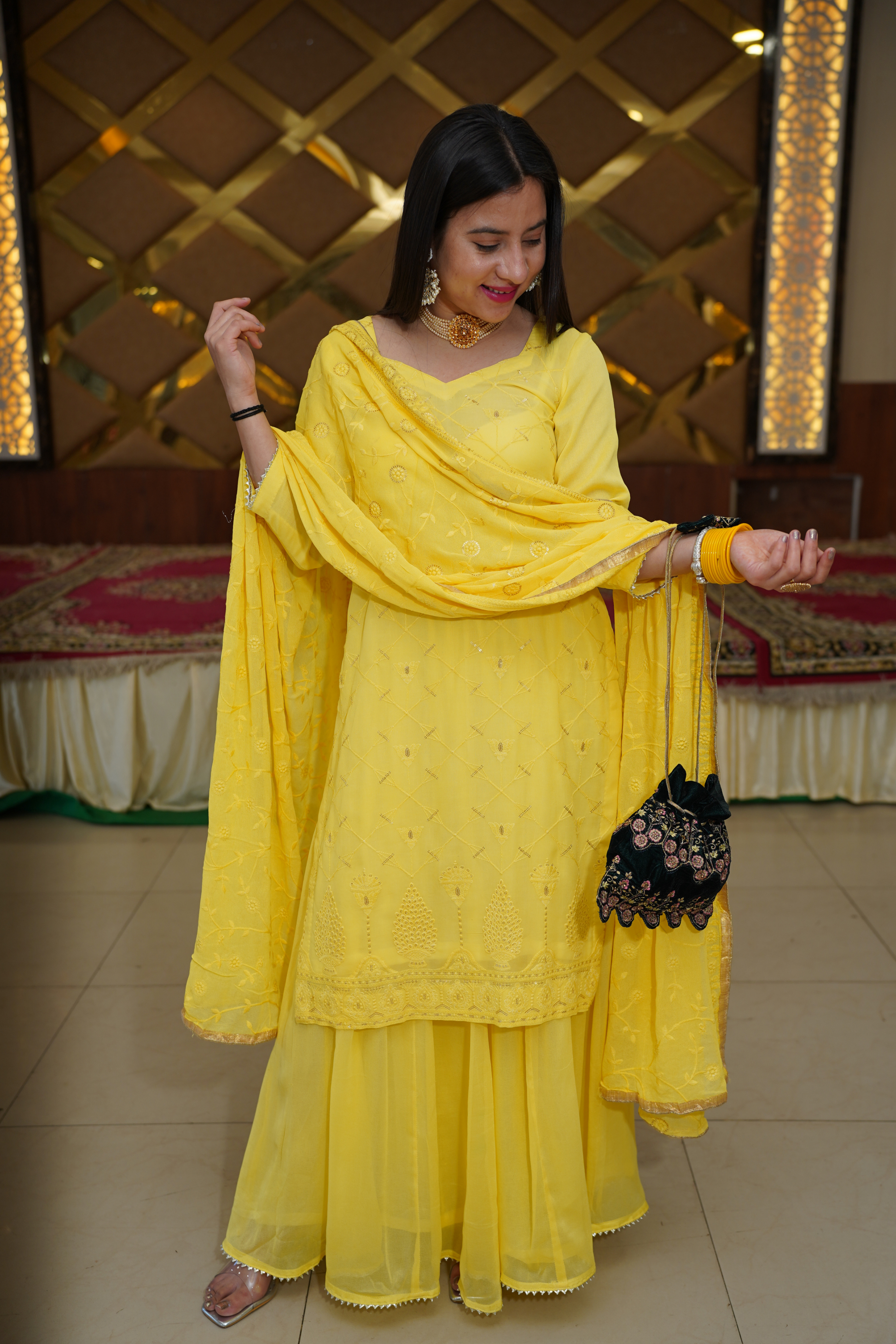 Lemon Sparkle Georgette Skirt Suit