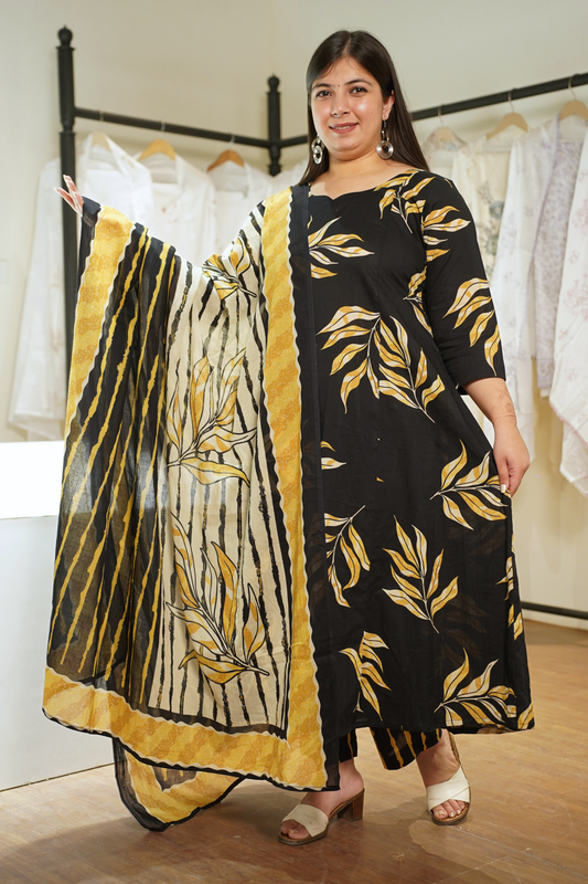 Lemony Black Kalidar Block Printed Cotton Suit