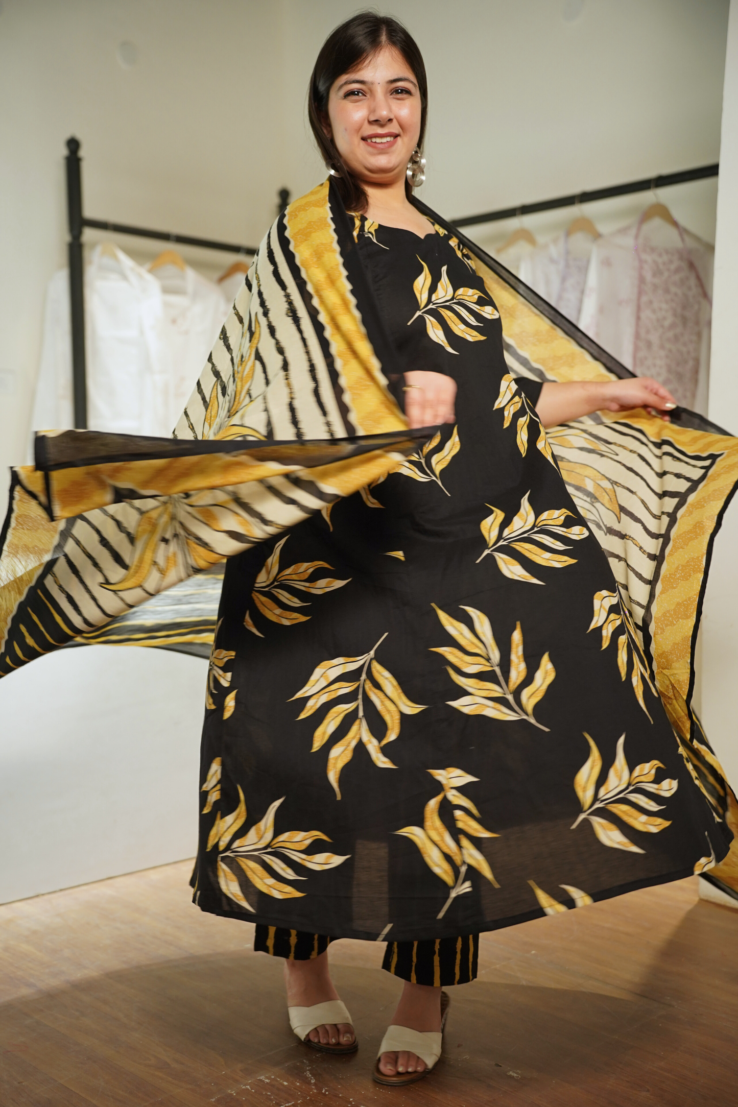 Lemony Black Kalidar Block Printed Cotton Suit