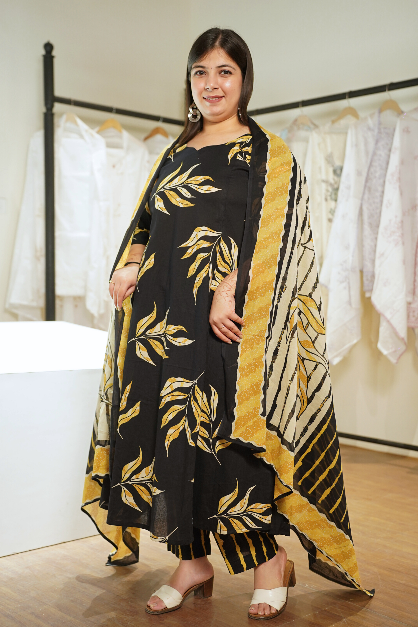 Lemony Black Kalidar Block Printed Cotton Suit