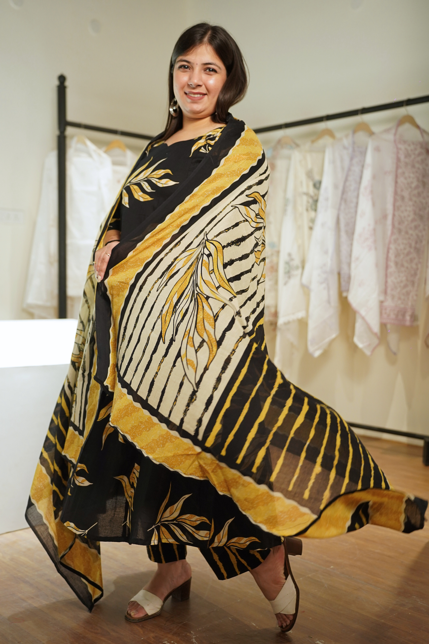 Lemony Black Kalidar Block Printed Cotton Suit