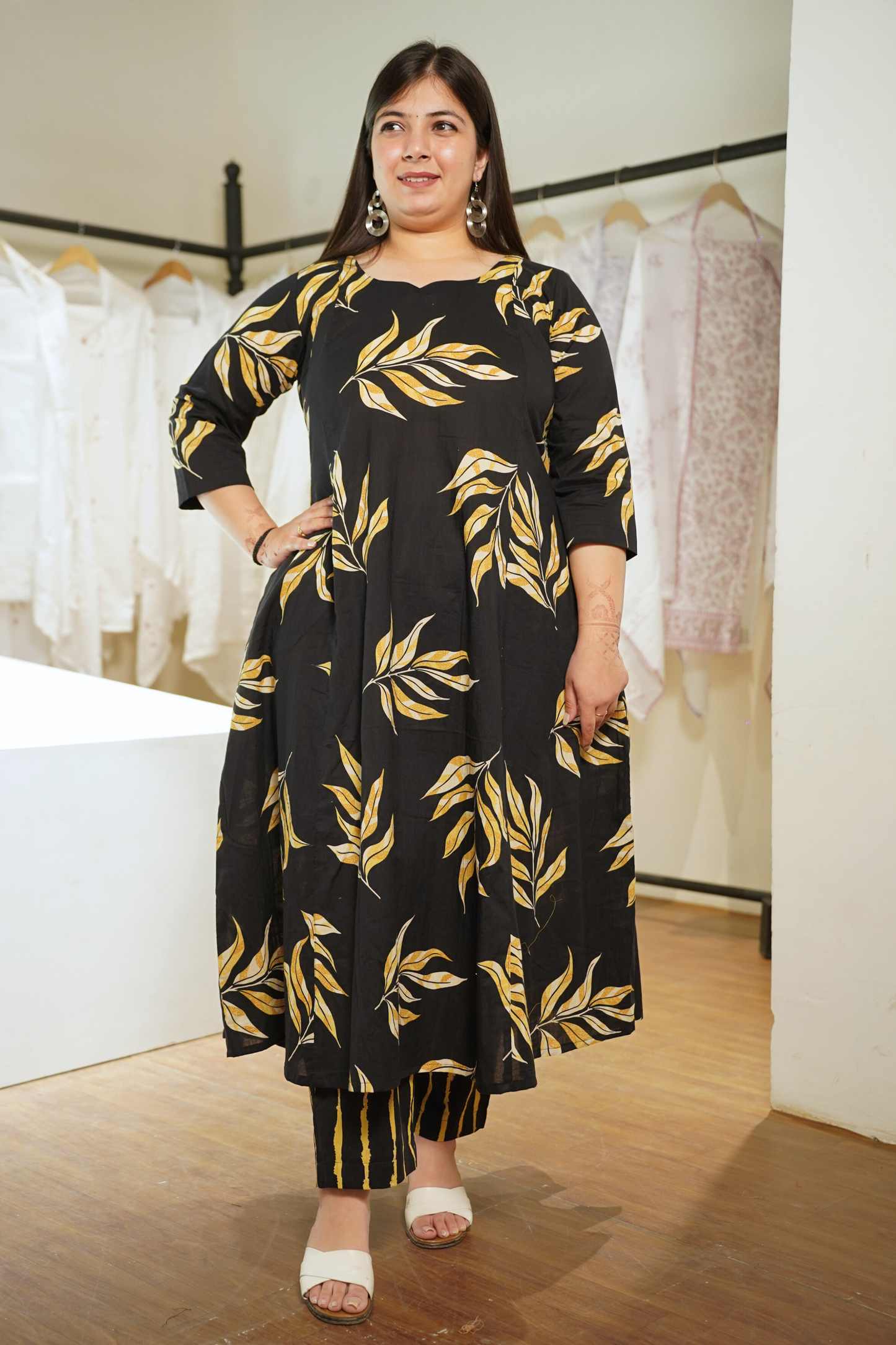 Lemony Black Kalidar Block Printed Cotton Suit