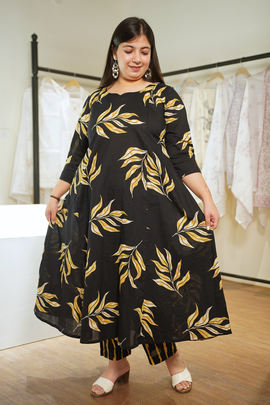 Lemony Black Kalidar Block Printed Cotton Kurta