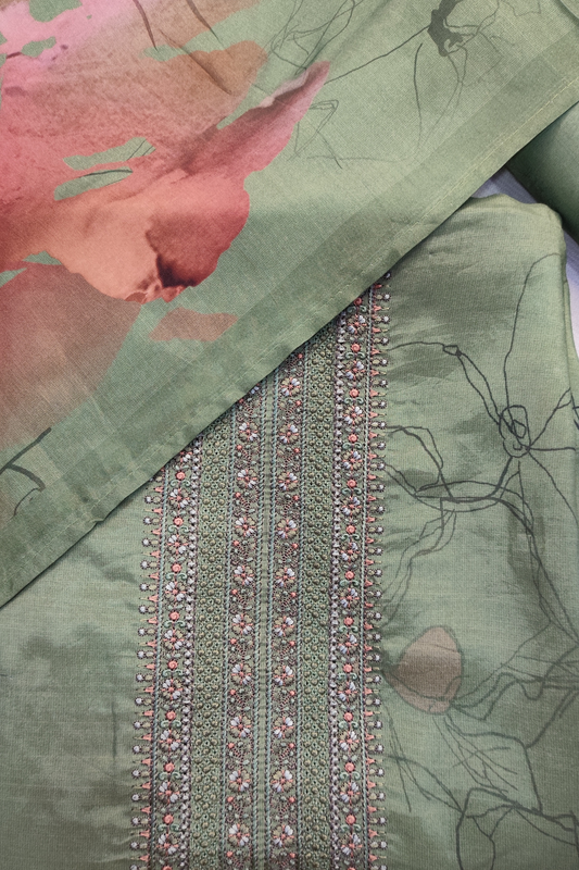 Olive Floral Muslin Suit with Thread Work