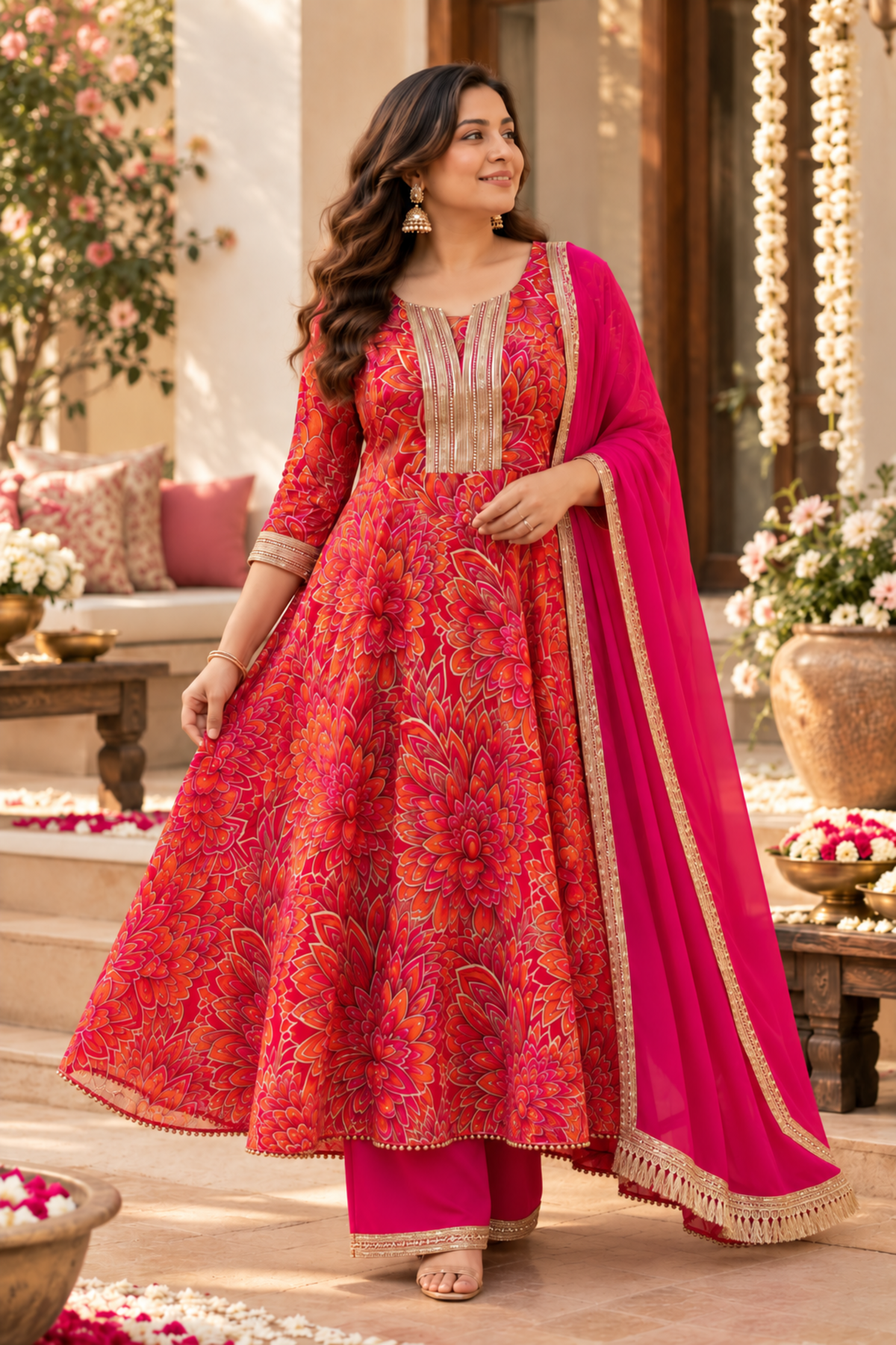 Raspberry Glow Chinon Anarkali Set