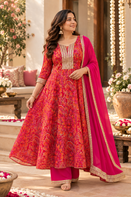 Raspberry Glow Chinon Anarkali Set