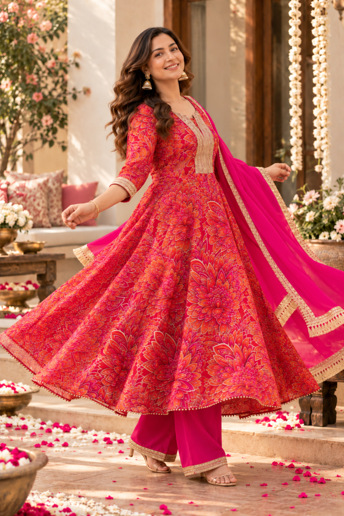 Raspberry Glow Chinon Anarkali Set