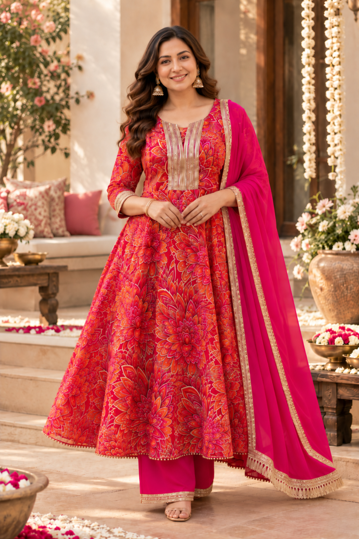 Raspberry Glow Chinon Anarkali Set