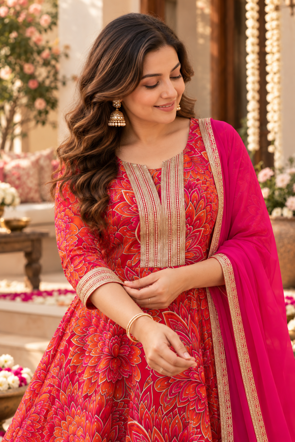 Raspberry Glow Chinon Anarkali Set
