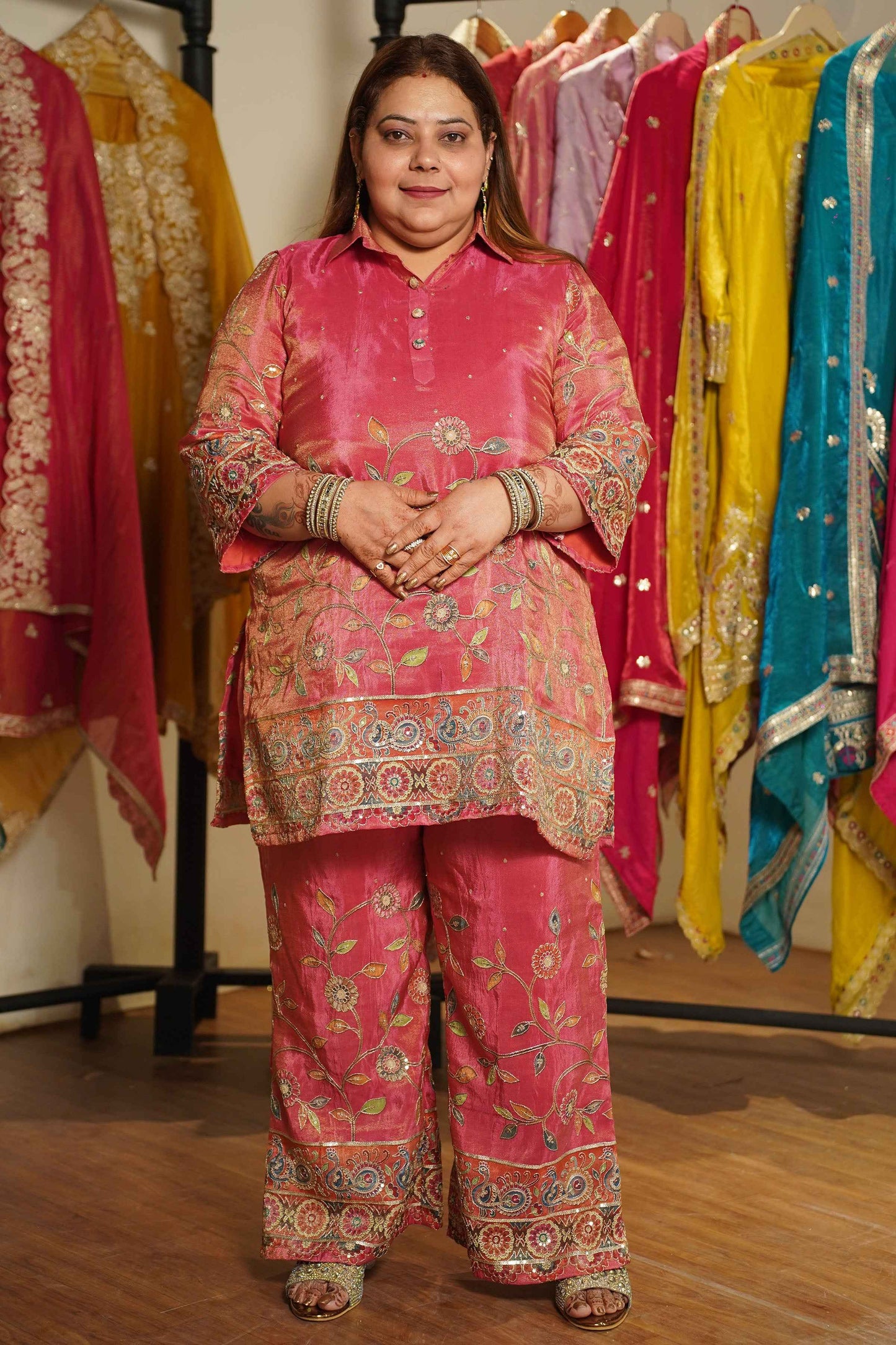 Surkh-e-Roshan Tissue Co-ord Set With Placement Work