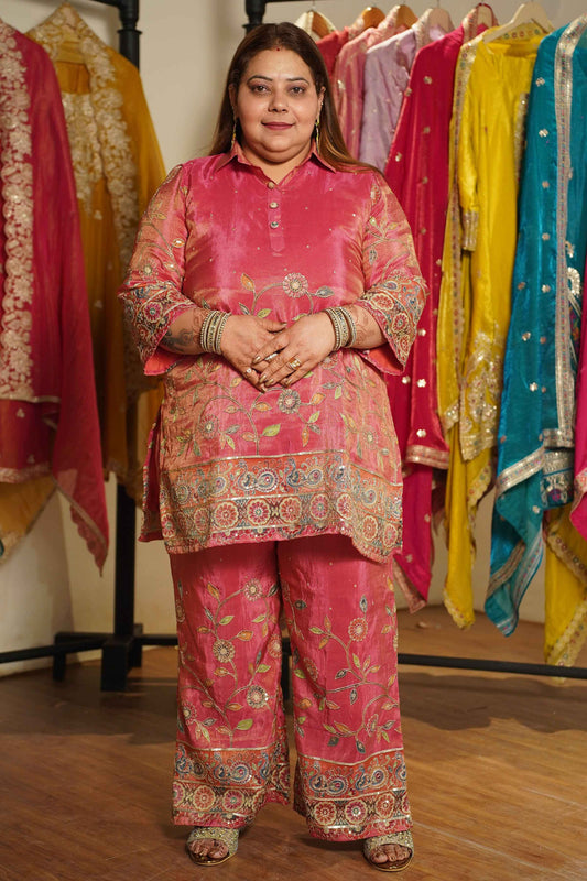 Surkh-e-Roshan Tissue Co-ord Set With Placement Work