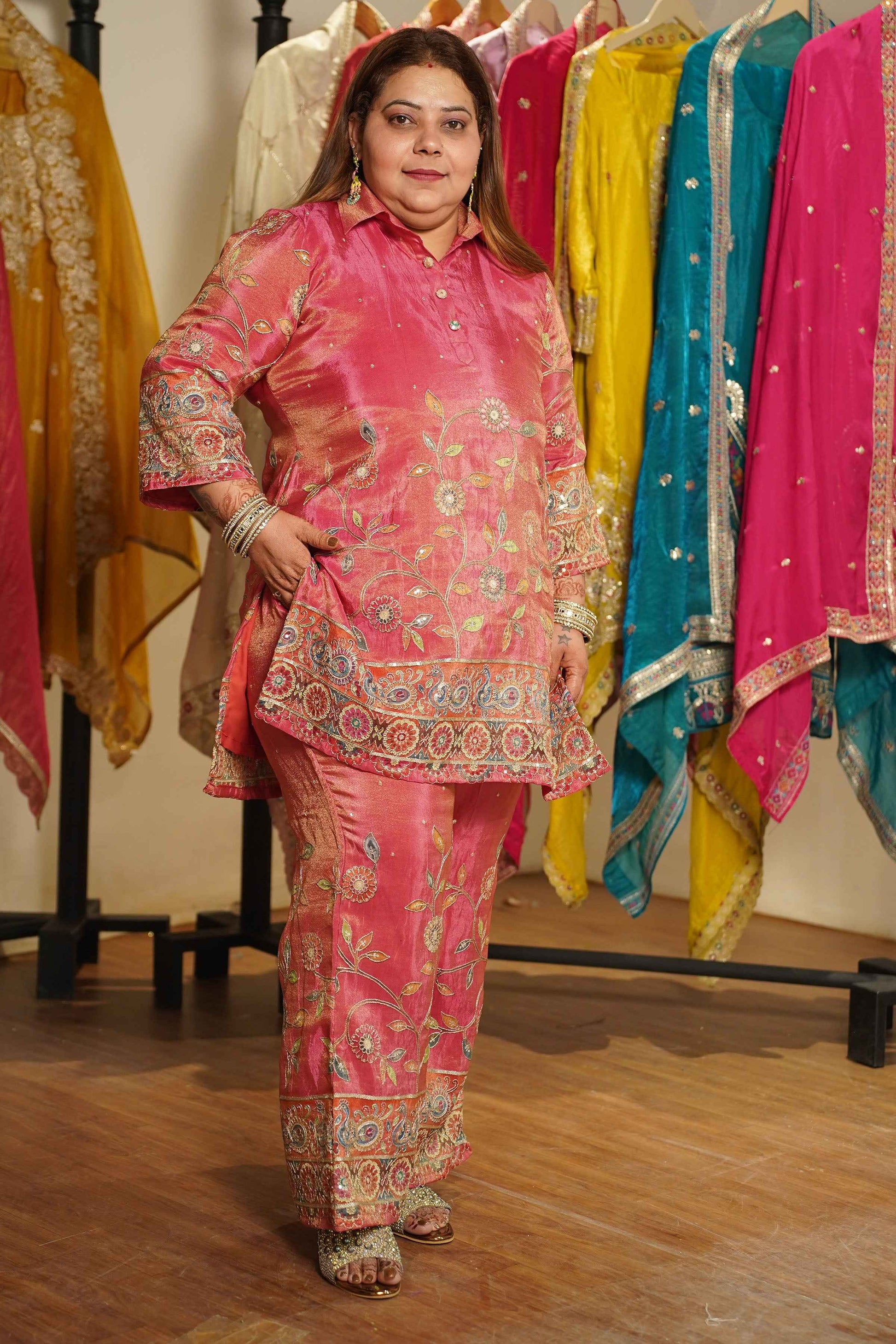 Surkh-e-Roshan Tissue Co-ord Set With Placement Work