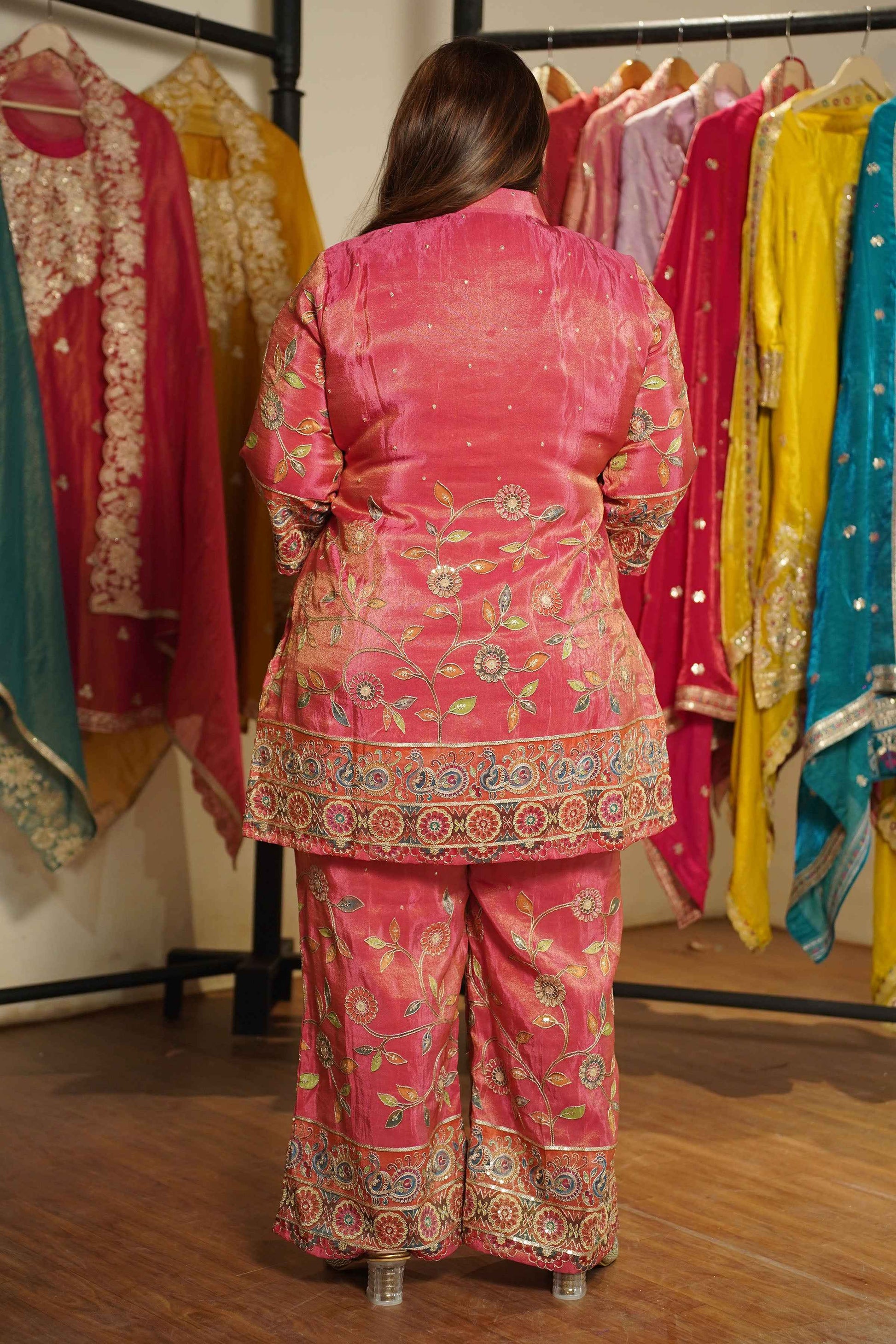 Surkh-e-Roshan Tissue Co-ord Set With Placement Work