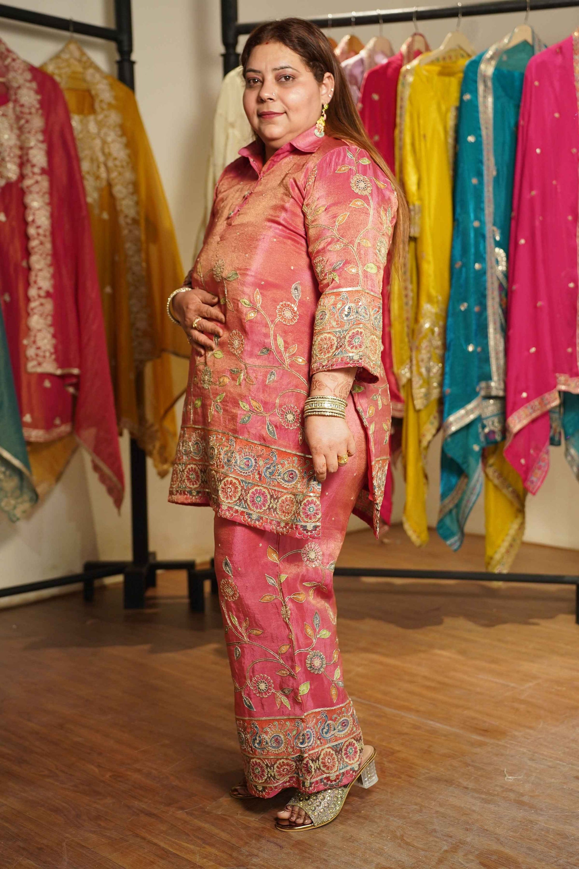 Surkh-e-Roshan Tissue Co-ord Set With Placement Work