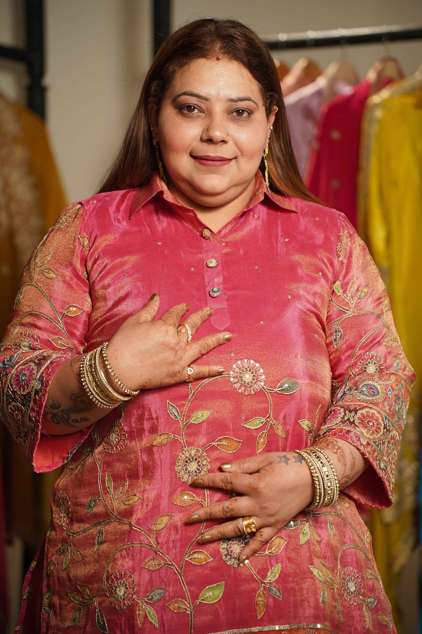 Surkh-e-Roshan Tissue Co-ord Set With Placement Work