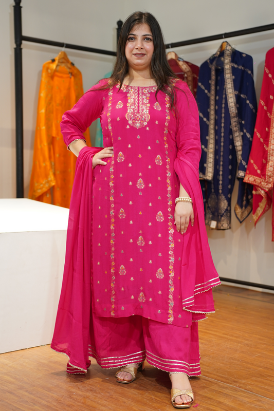 Gulzaar Magenta Chinon Sharara Suit