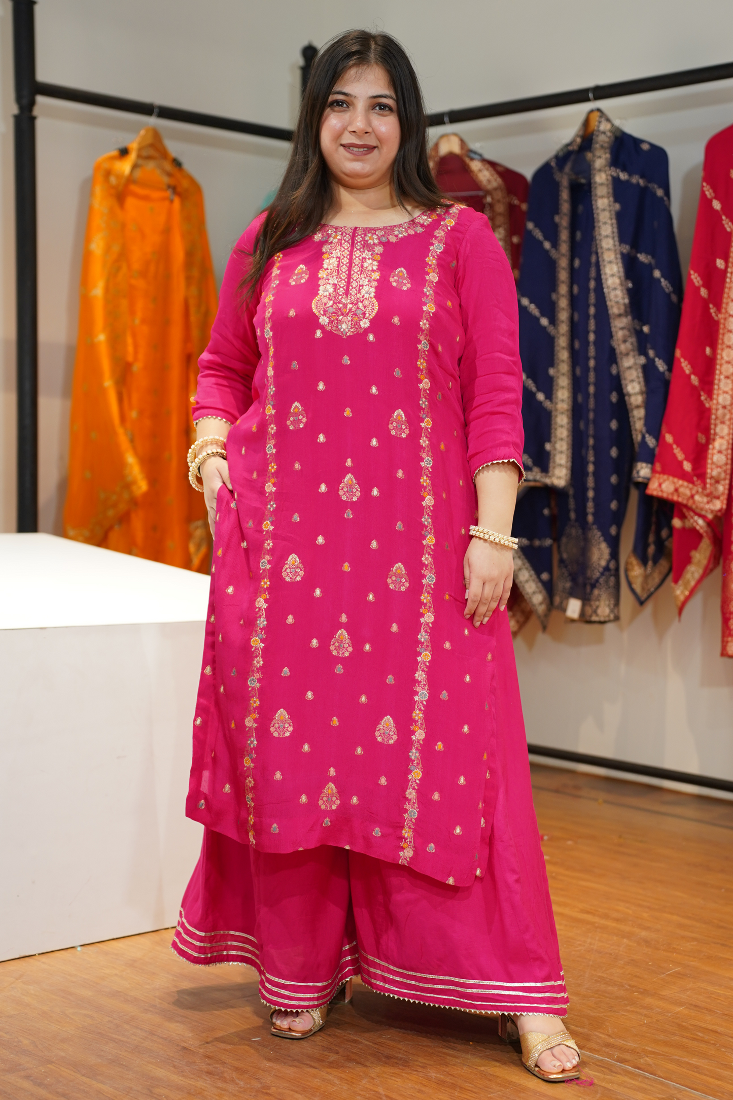 Gulzaar Magenta Chinon Sharara Suit
